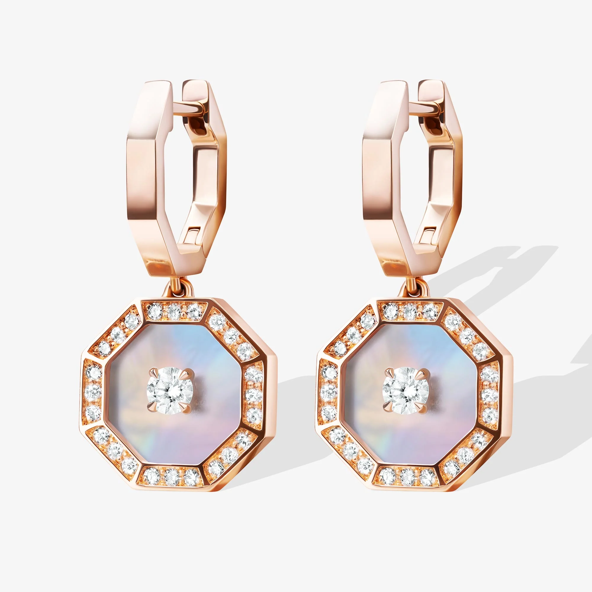 Ahjar Birwaz Rose Gold Diamond Mother of Pearl Dangling Hoop Earrings