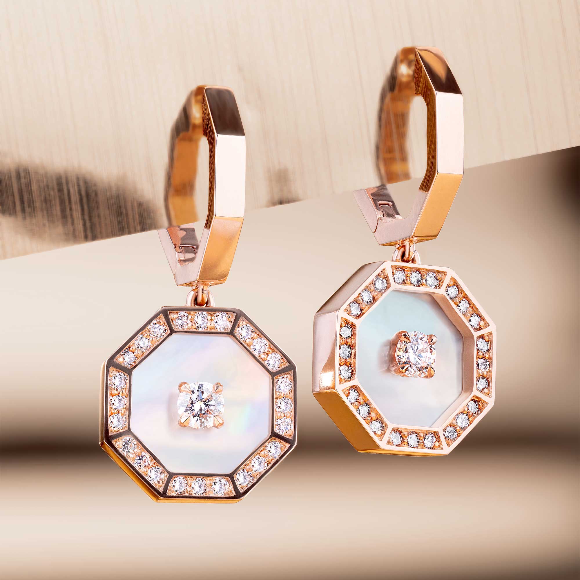 Ahjar Birwaz Rose Gold Diamond Mother of Pearl Dangling Hoop Earrings - Image 2
