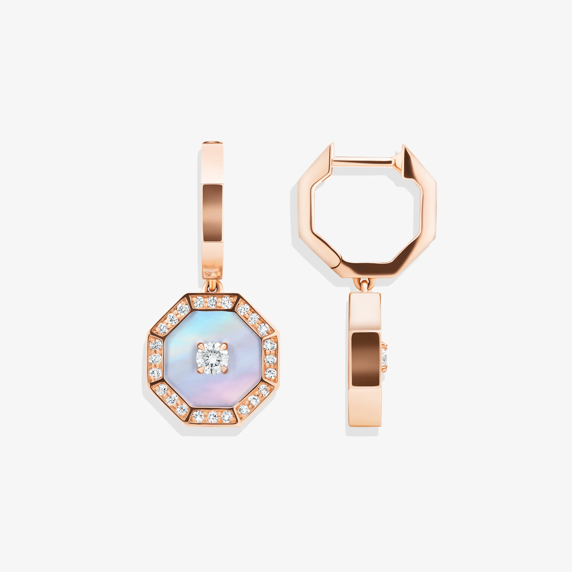 Ahjar Birwaz Rose Gold Diamond Mother of Pearl Dangling Hoop Earrings - Image 3
