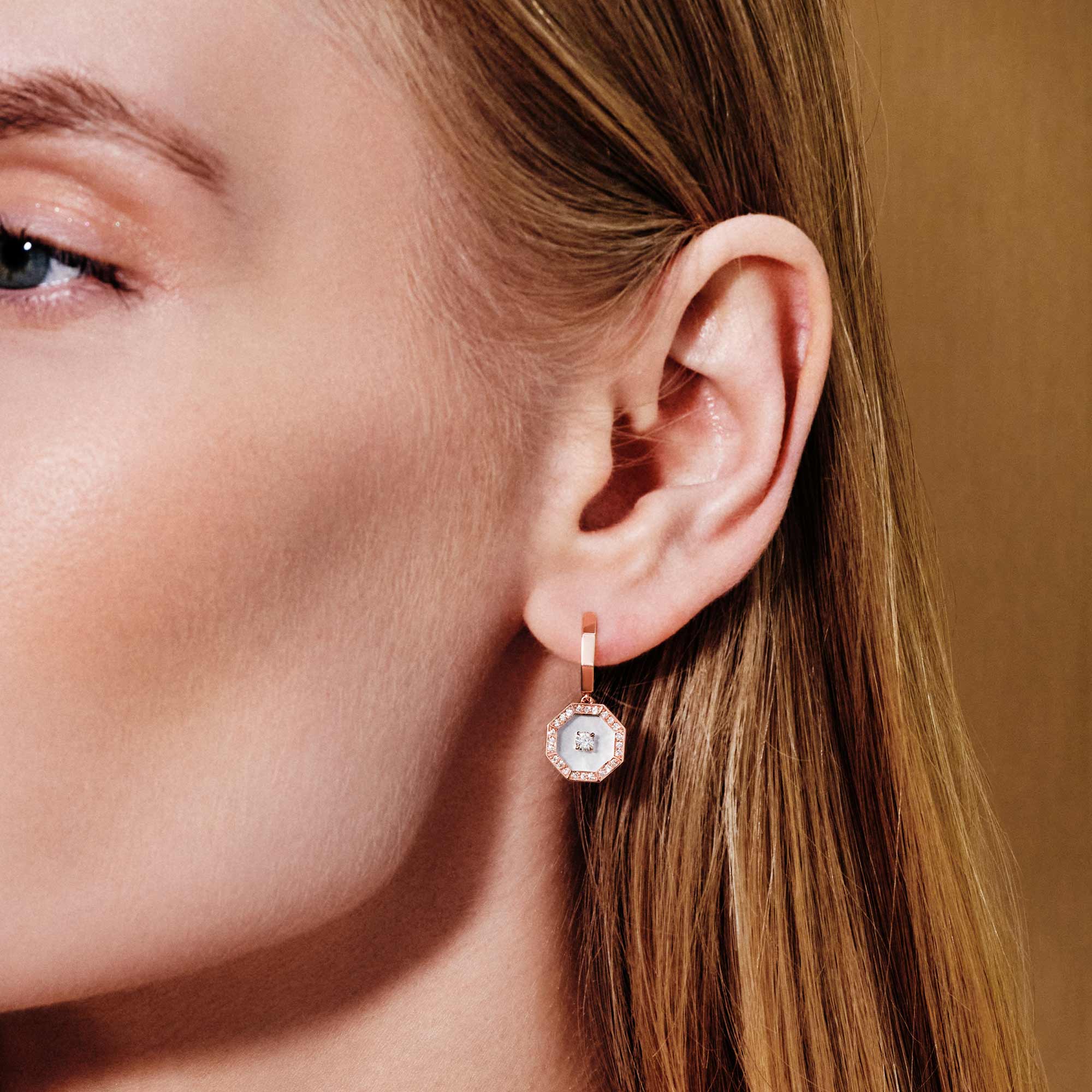 Ahjar Birwaz Rose Gold Diamond Mother of Pearl Dangling Hoop Earrings - Image 4