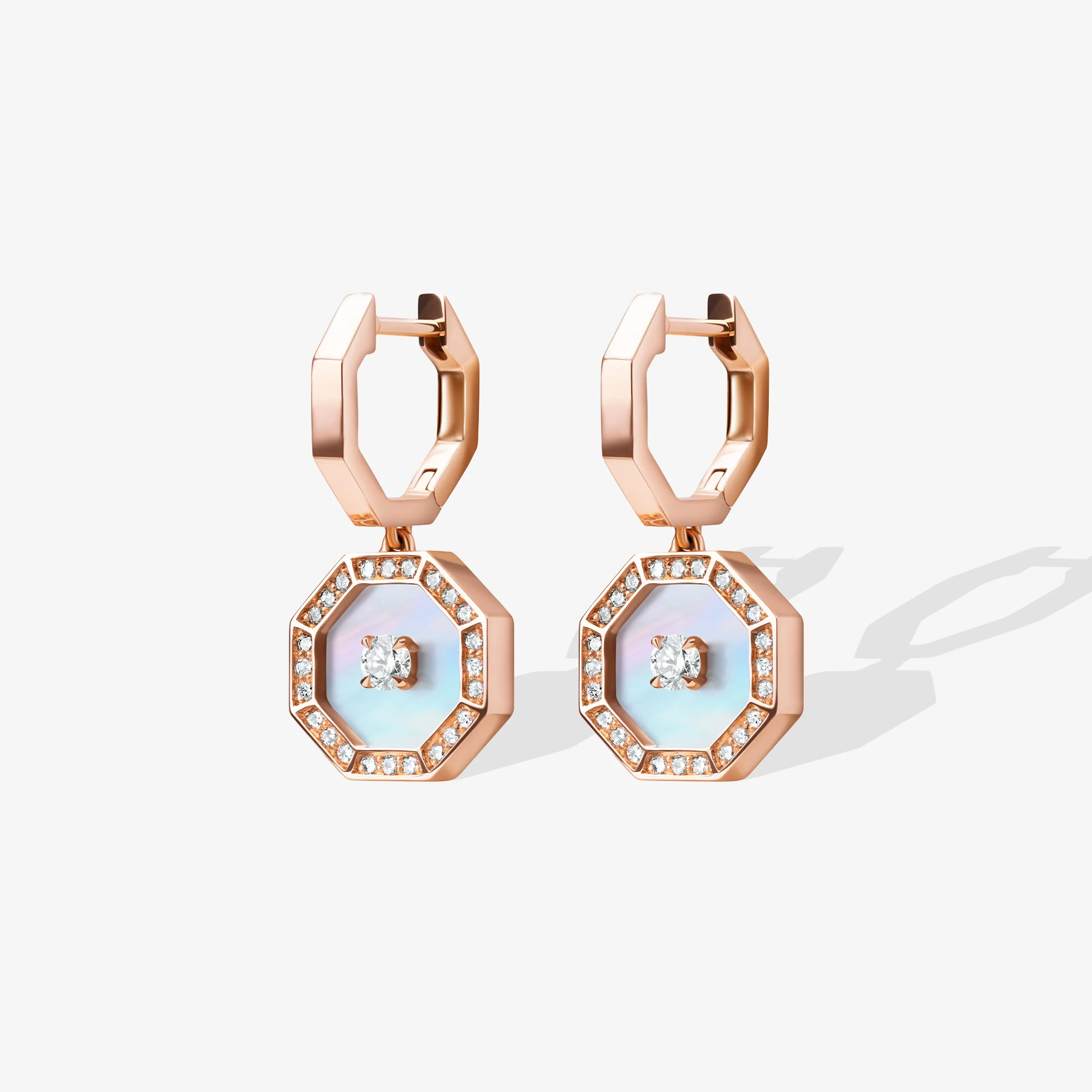 Ahjar Birwaz Rose Gold Diamond Mother of Pearl Dangling Hoop Earrings - Image 6