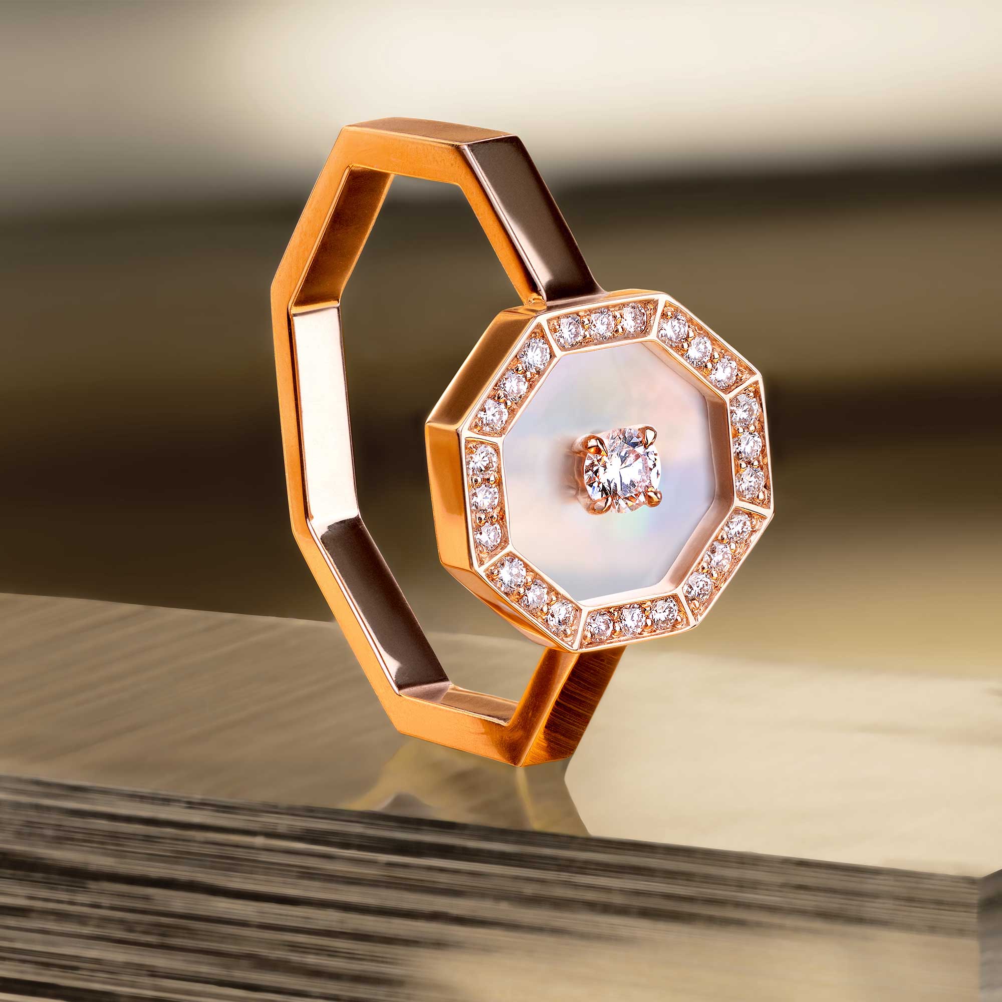 Ahjar Birwaz Rose Gold Diamond Mother of Pearl Ring - Image 2