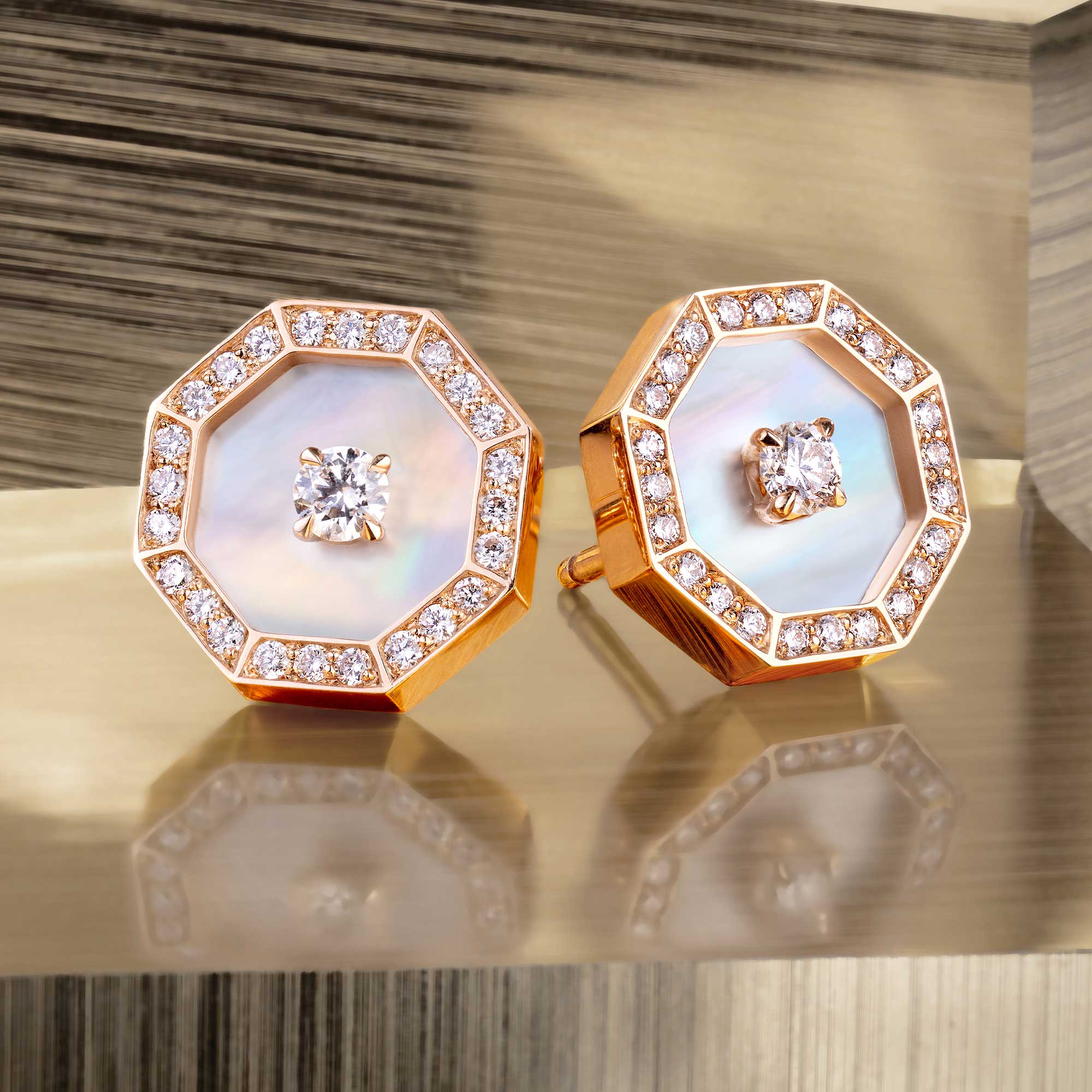 Ahjar Birwaz Rose Gold Diamond Mother of Pearl Stud Earrings - Image 2