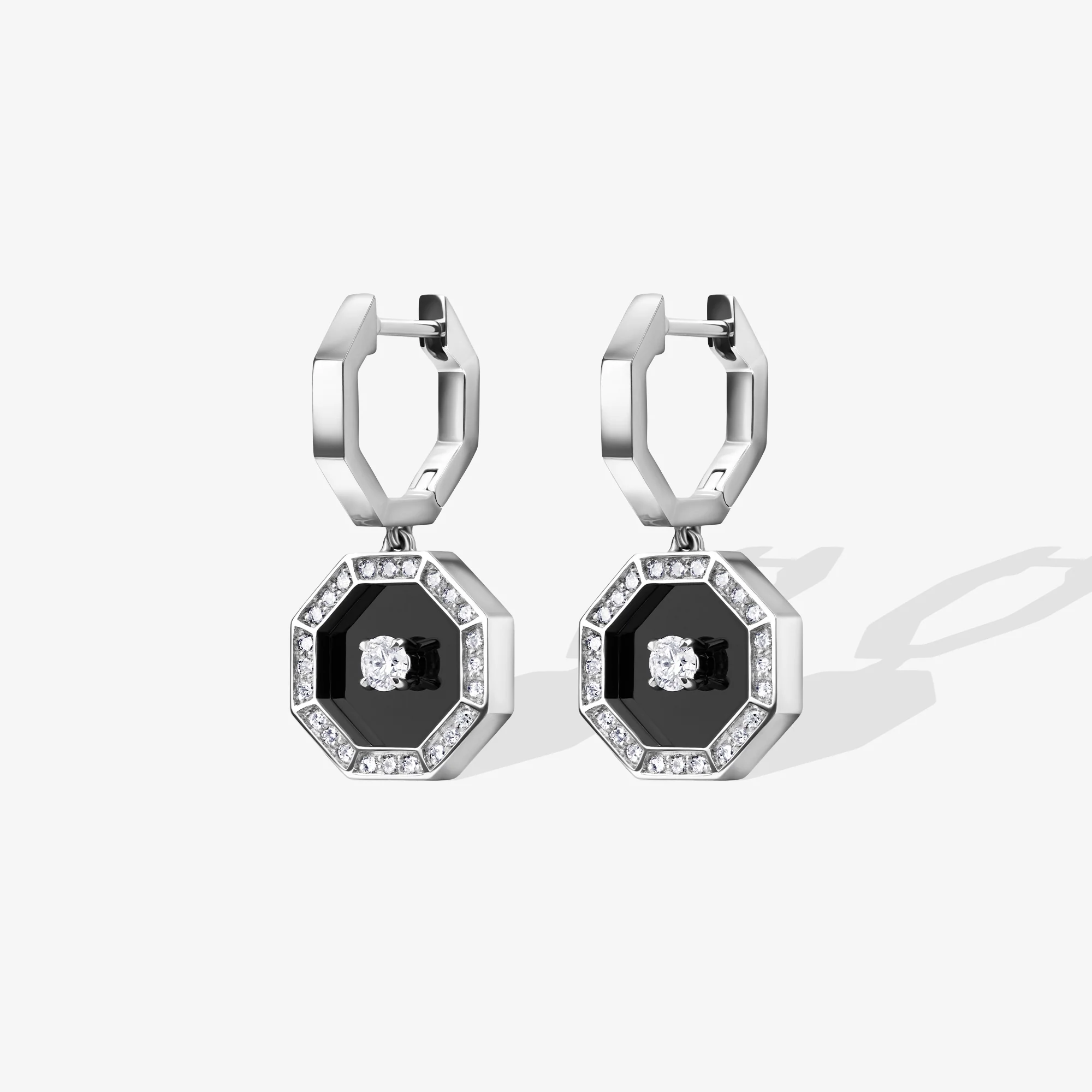 Ahjar Birwaz White Gold Diamond Black Onyx Dangling Hoop Earrings - Image 4