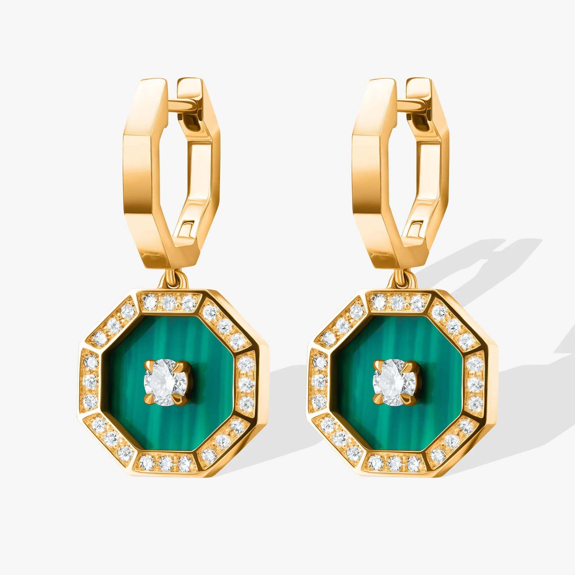 Ahjar Birwaz Yellow Gold Diamond Malachite Dangling Hoop Earrings