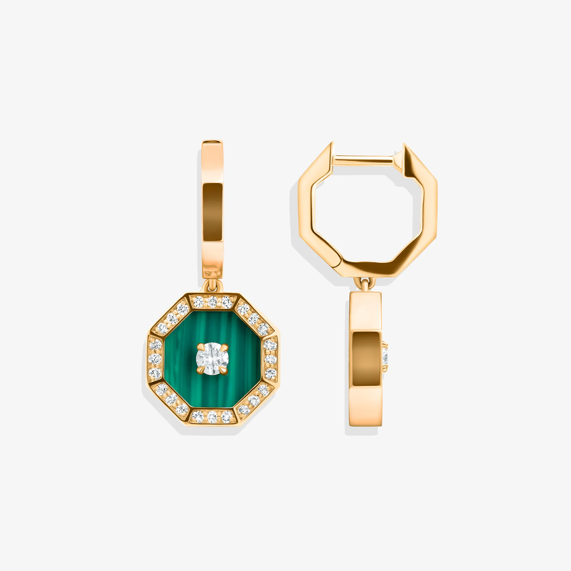 Ahjar Birwaz Yellow Gold Diamond Malachite Dangling Hoop Earrings - Image 2