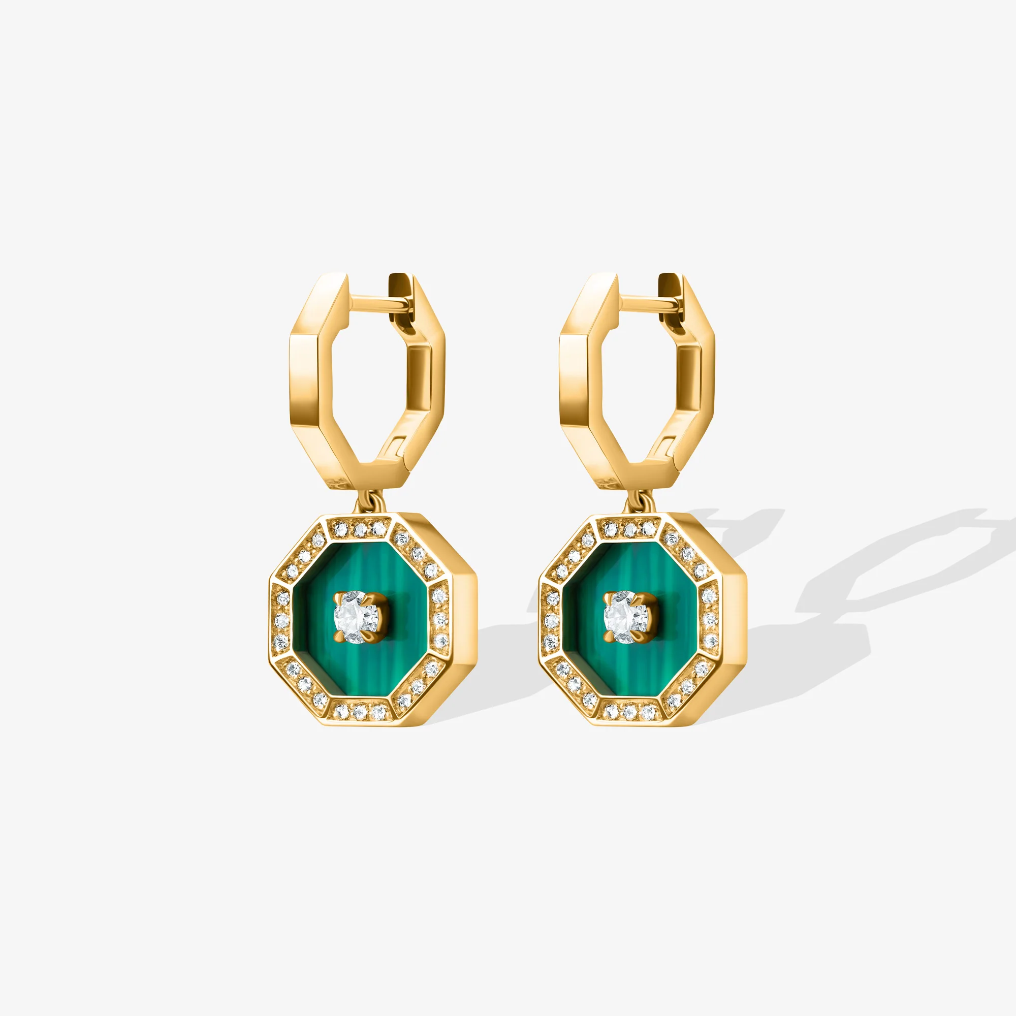 Ahjar Birwaz Yellow Gold Diamond Malachite Dangling Hoop Earrings - Image 4