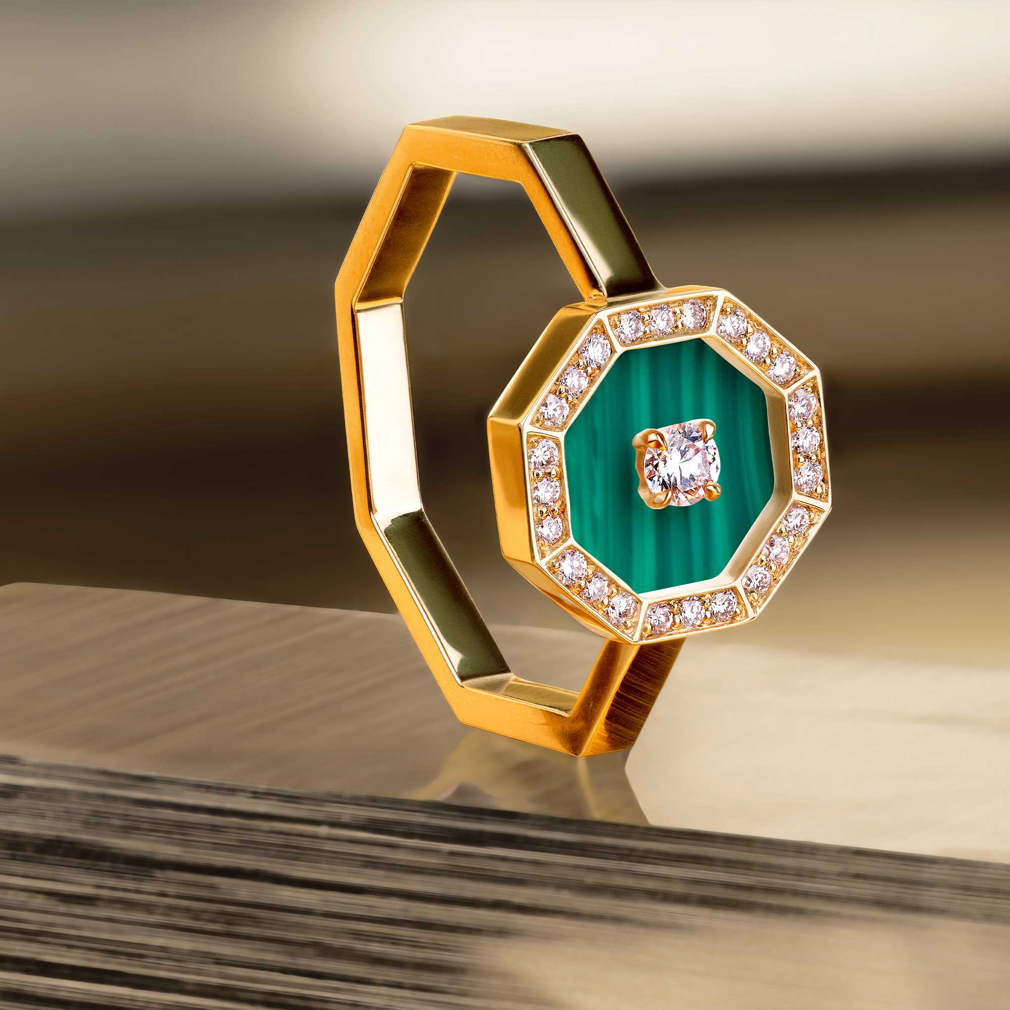 Ahjar Birwaz Yellow Gold Diamond Malachite Ring - Image 2