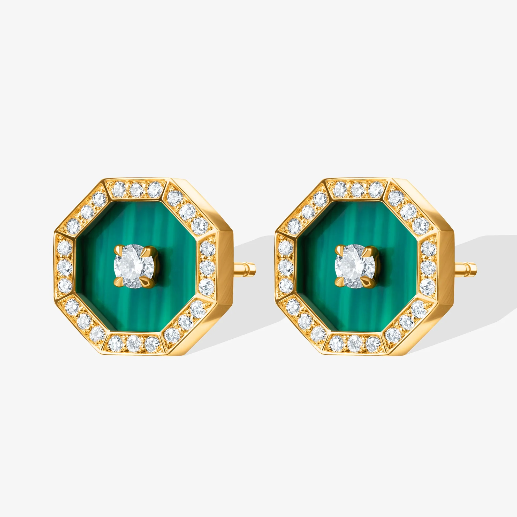 Ahjar Birwaz Yellow Gold Diamond Malachite Stud Earrings