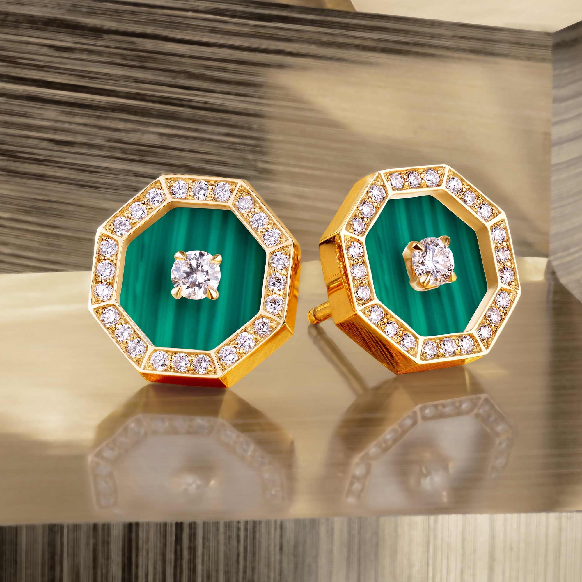 Ahjar Birwaz Yellow Gold Diamond Malachite Stud Earrings - Image 2