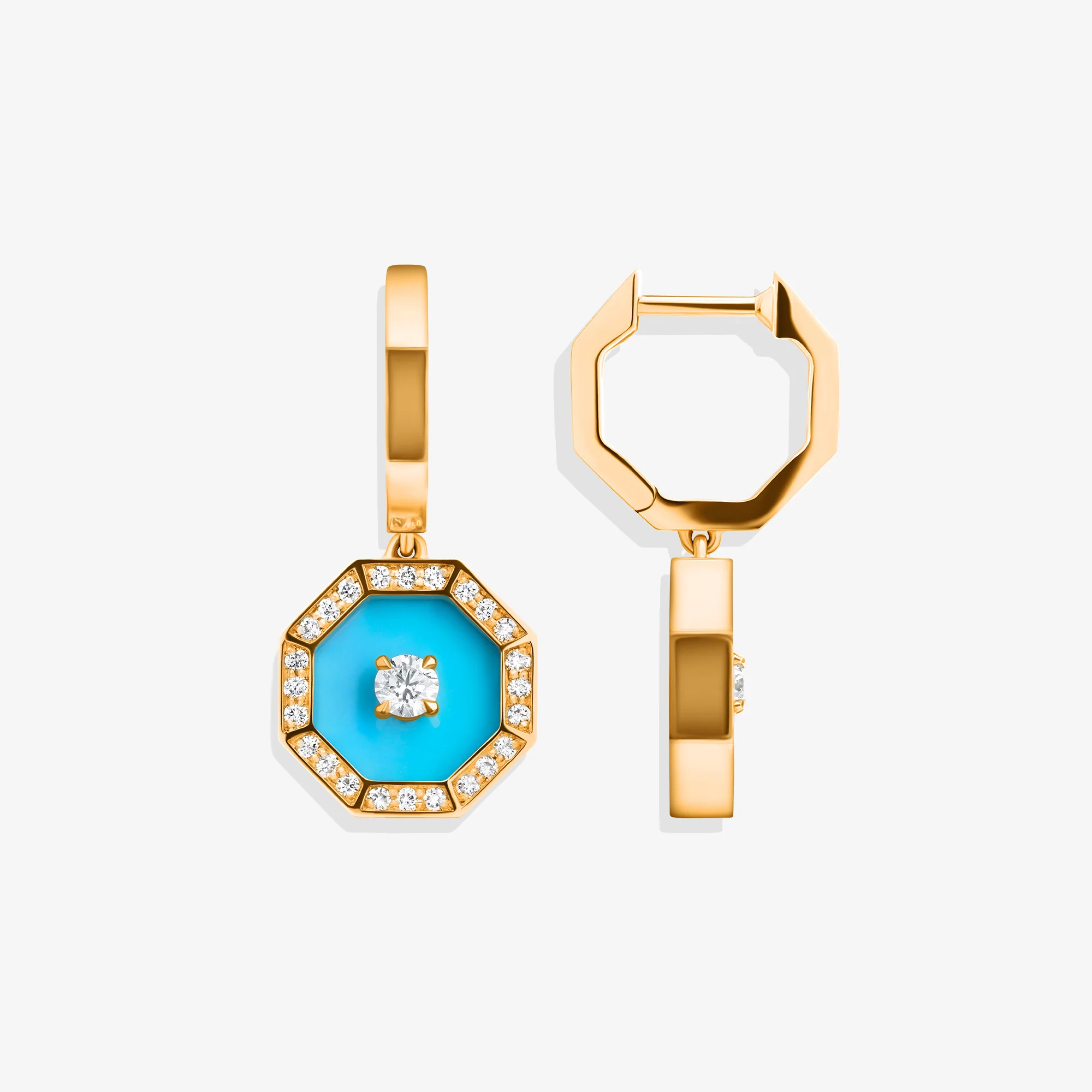 Ahjar Birwaz Yellow Gold Diamond Turquoise Dangling Hoop Earrings - Image 3