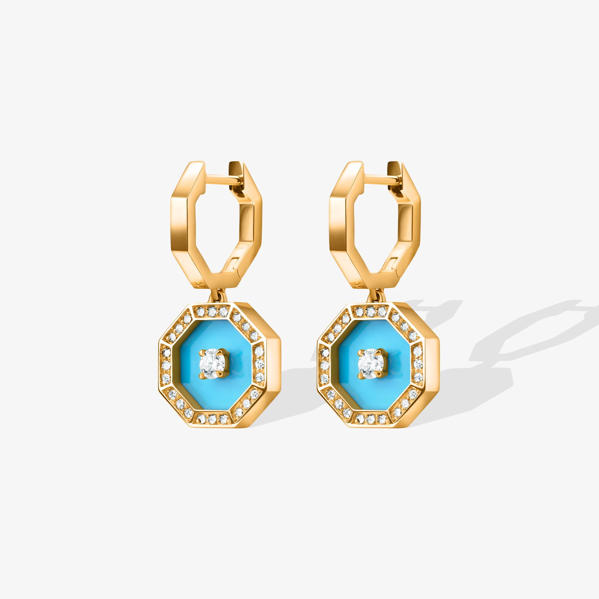 Ahjar Birwaz Yellow Gold Diamond Turquoise Dangling Hoop Earrings - Image 5