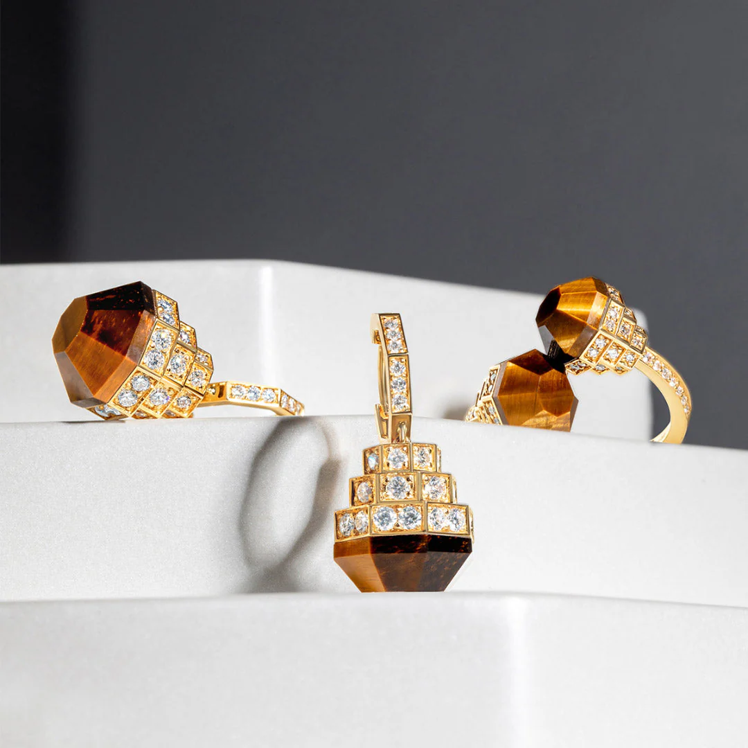 Azm Yellow Gold Tiger Eye Earring - Image 4