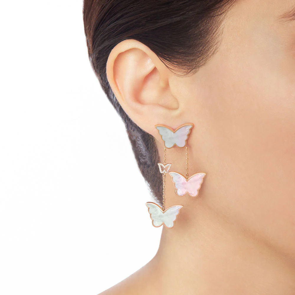 Classic Butterfly Rose Gold Mother of Pearl Dangling Earrings - Image 2