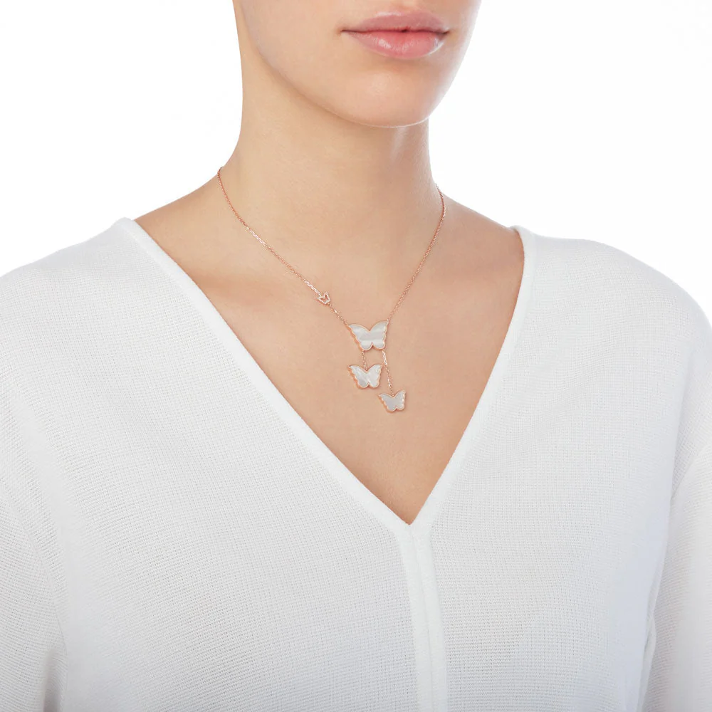 Classic Butterfly Rose Gold Mother of Pearl Dangling Necklace - Image 2