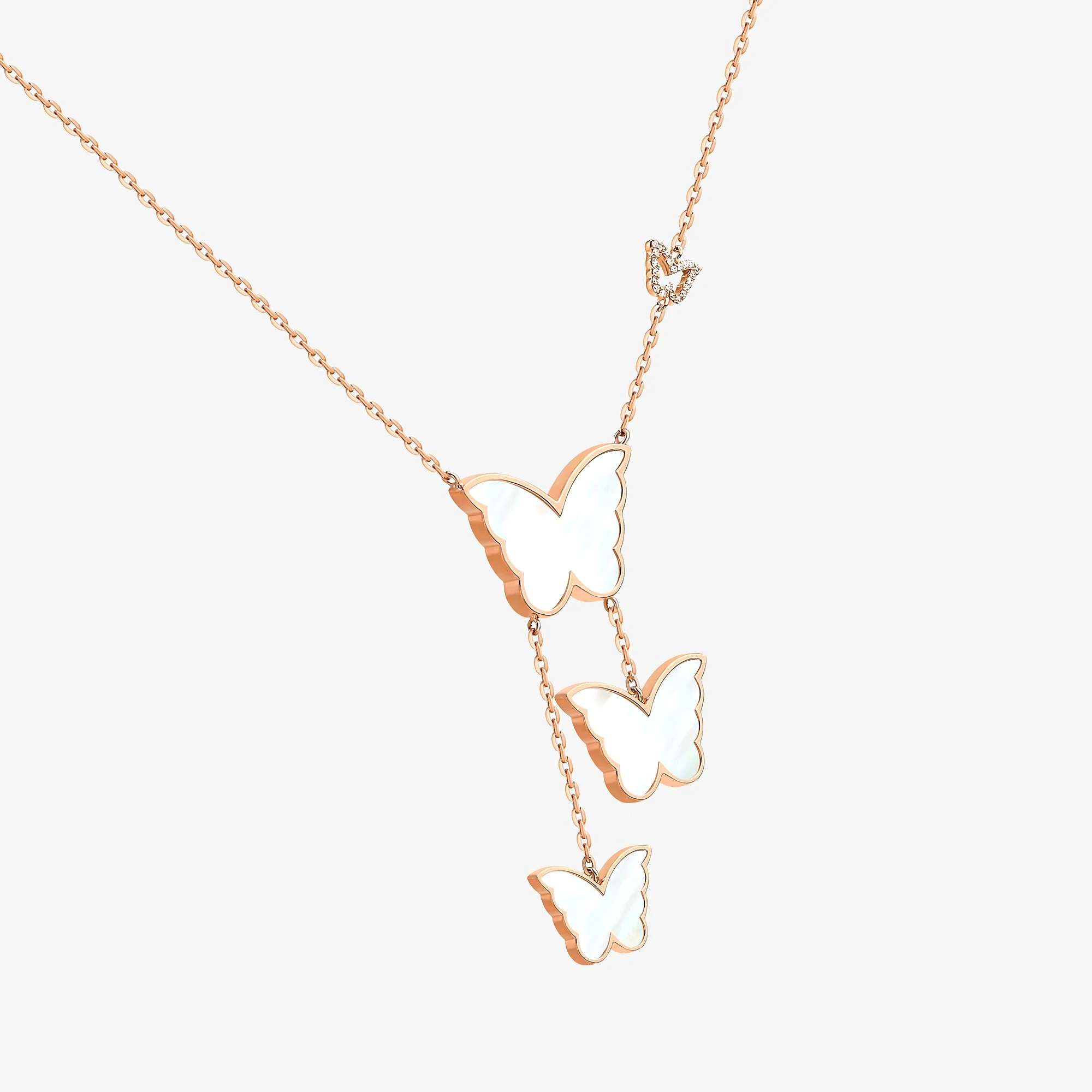 Classic Butterfly Rose Gold Mother of Pearl Dangling Necklace - Image 3