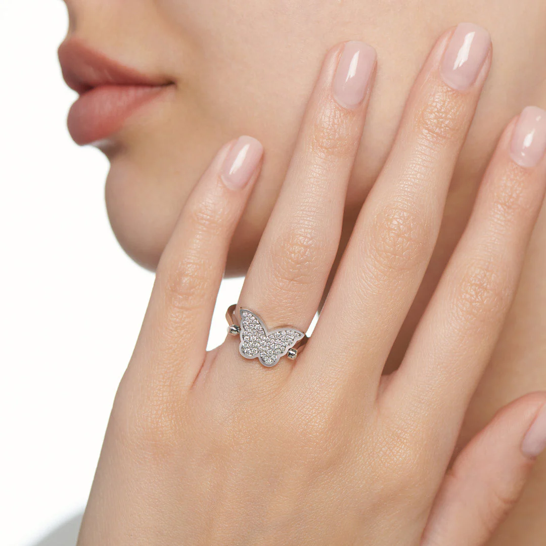 Classic Butterfly White Gold Diamond Reversible Small Ring - Image 5