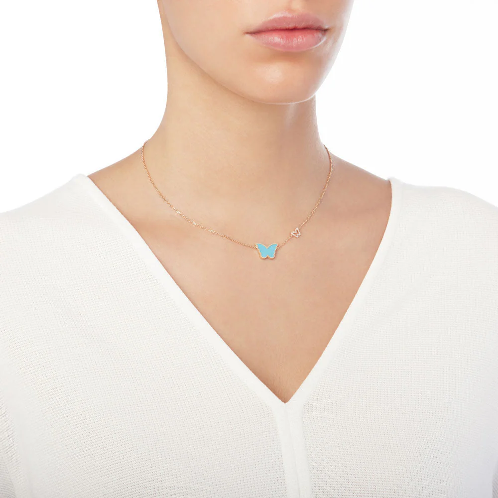 Classic Butterfly Yellow Gold Turquoise Single Necklace - Image 2