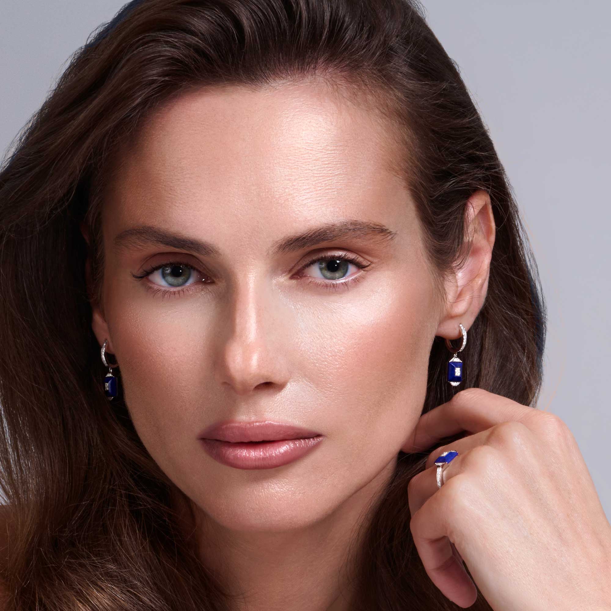 Layl White Gold Diamond Lapis Lazuli Dangling Hoop Earrings - Image 2