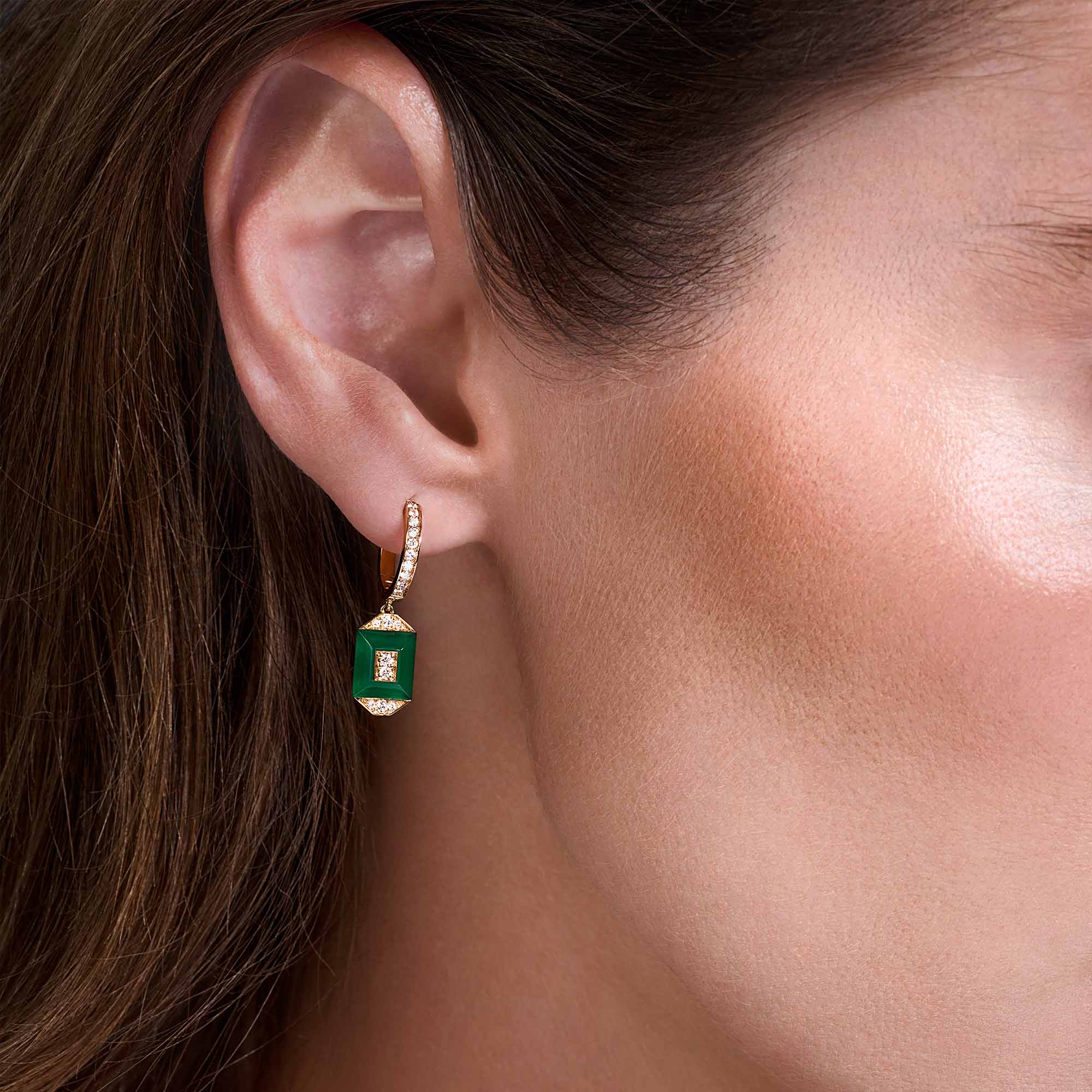 Layl Yellow Gold Diamond Green Agate Dangling Hoop Earrings - Image 4