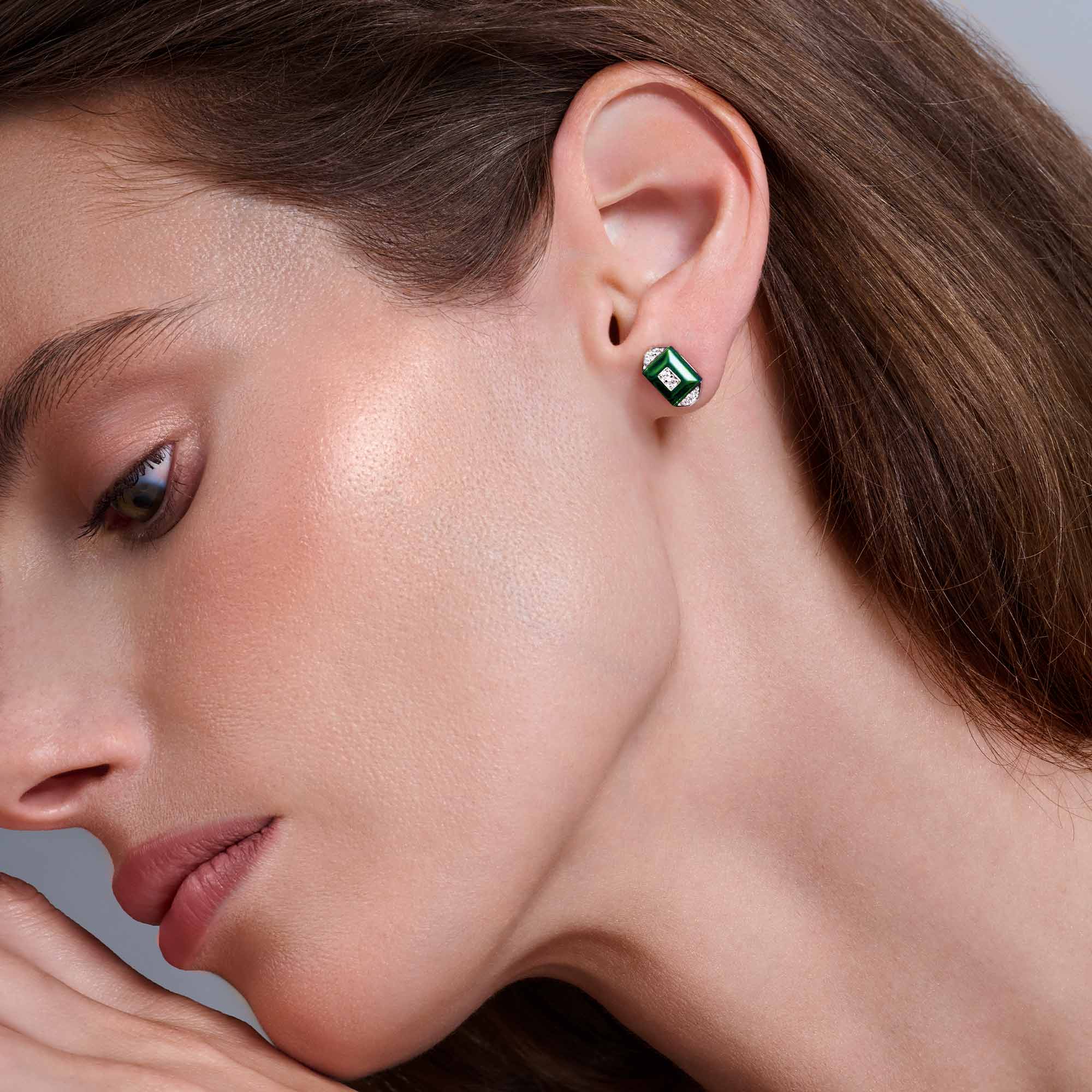 Layl Yellow Gold Diamond Green Agate Stud Earrings - Image 4